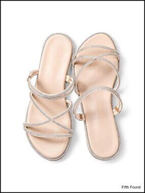 Rhinestone Strappy Flat Sandals Sparkly Slide Slippers Glitter Criss Cross Open